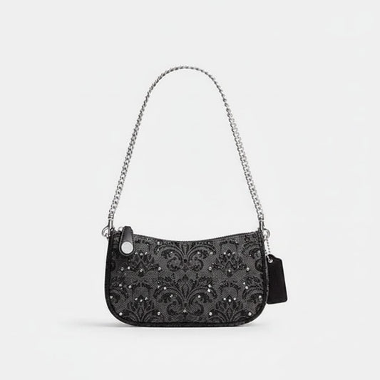 Compact Patterned Fabric Shoulder Bag with Crystal Embellishment