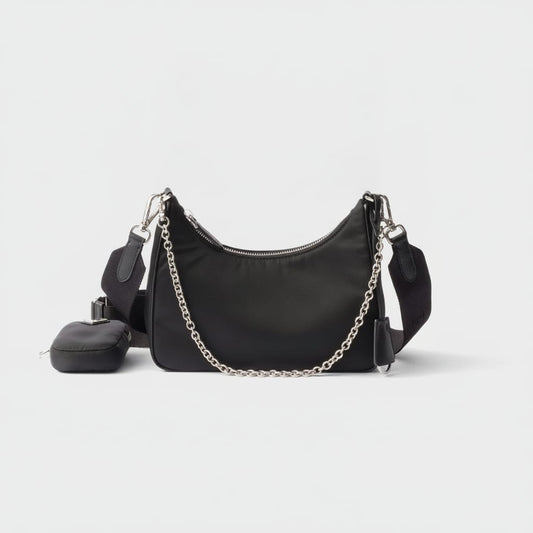 Classic Shoulder Bag with Adjustable Strap - Black